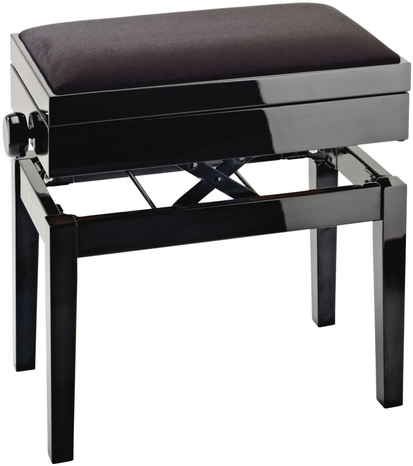 K&M 13950.100.21 Complete Wooden Frame Piano Bench with Storage - Black Gloss with Black Velvet Seat